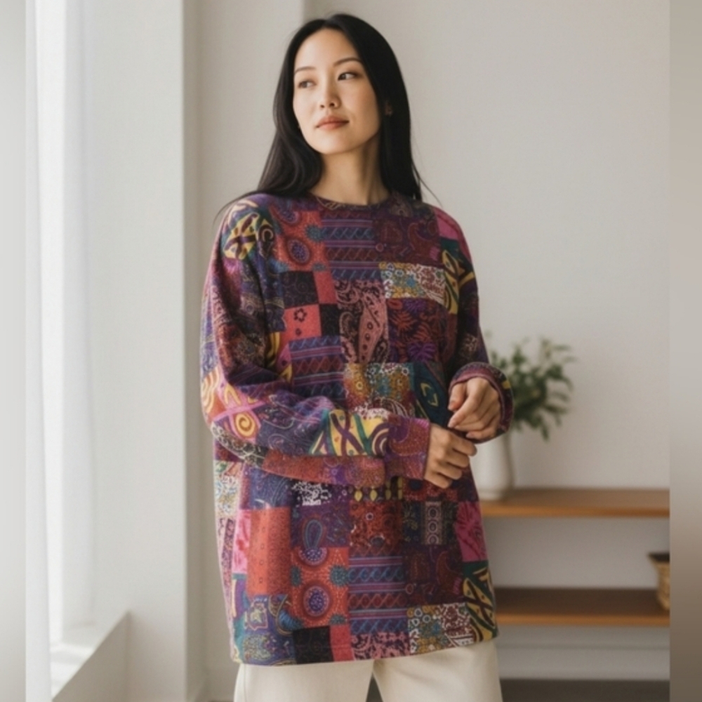 New Boho Colorful Patchwork Wool Blend Sweater Si… - image 1